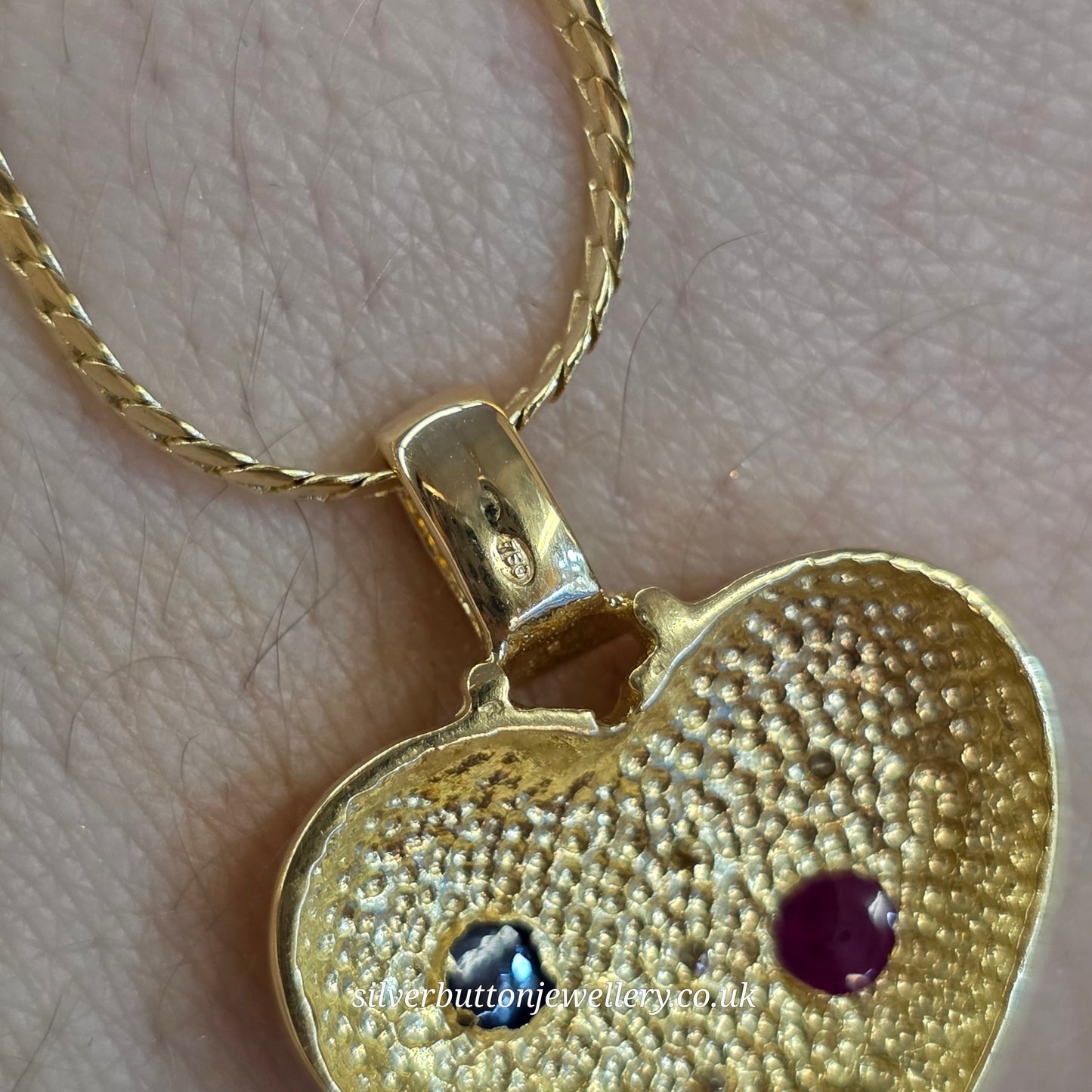 18ct Yellow Gold Vintage Cabochon Ruby And Sapphire And Diamond Heart Necklace