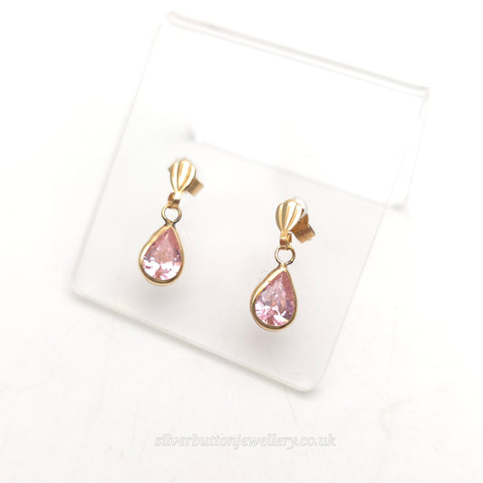 9ct Yellow Gold Vintage Lightweight Pear Cut Pink Stone Small Drop Earrings