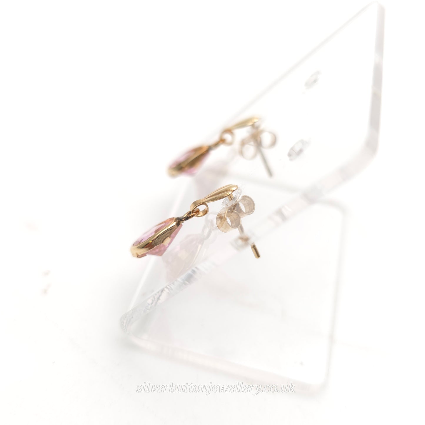 9ct Yellow Gold Vintage Lightweight Pear Cut Pink Stone Small Drop Earrings