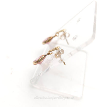 9ct Yellow Gold Vintage Lightweight Pear Cut Pink Stone Small Drop Earrings