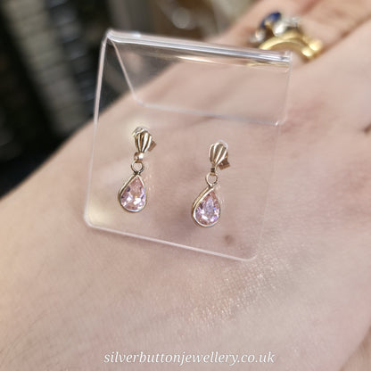 9ct Yellow Gold Vintage Lightweight Pear Cut Pink Stone Small Drop Earrings