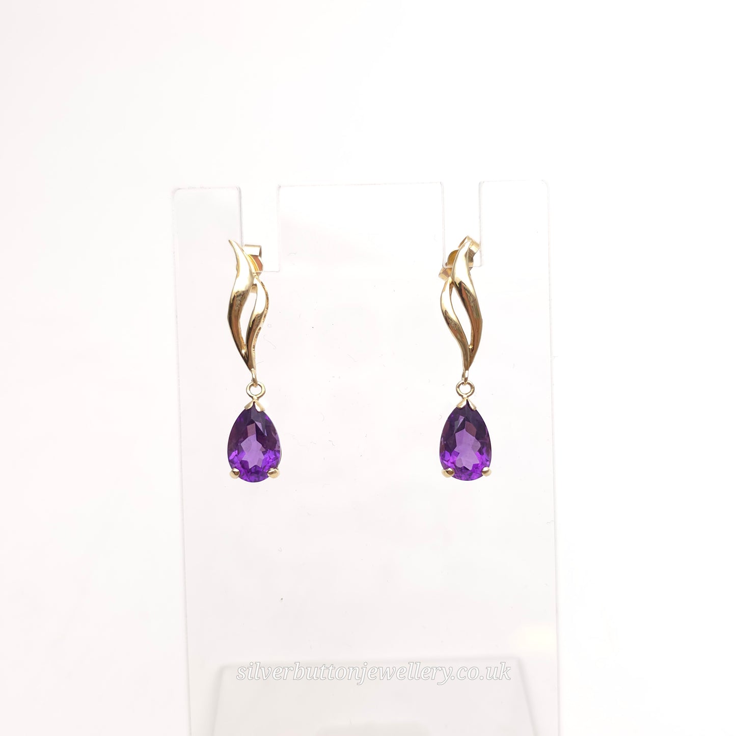 9ct Yellow Gold Vintage Pear Cut Amethyst Double Wave Drop Earrings