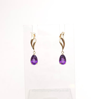 9ct Yellow Gold Vintage Pear Cut Amethyst Double Wave Drop Earrings
