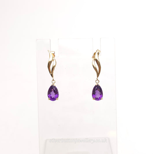9ct Yellow Gold Vintage Pear Cut Amethyst Double Wave Drop Earrings