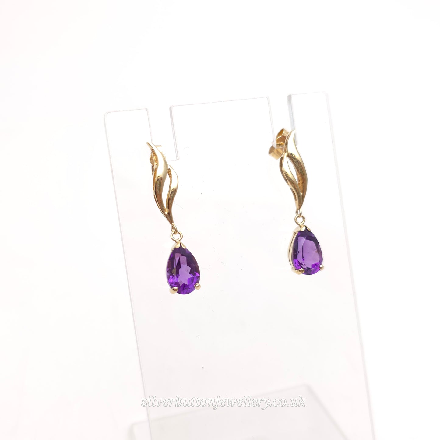 9ct Yellow Gold Vintage Pear Cut Amethyst Double Wave Drop Earrings