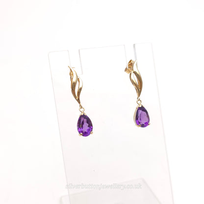 9ct Yellow Gold Vintage Pear Cut Amethyst Double Wave Drop Earrings