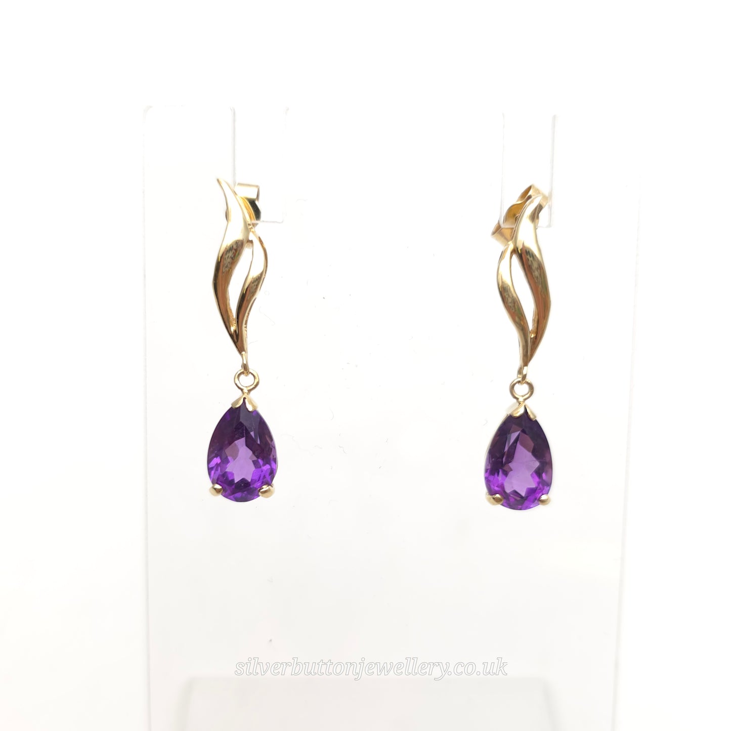 9ct Yellow Gold Vintage Pear Cut Amethyst Double Wave Drop Earrings