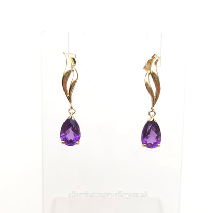 9ct Yellow Gold Vintage Pear Cut Amethyst Double Wave Drop Earrings