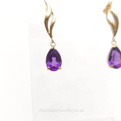 9ct Yellow Gold Vintage Pear Cut Amethyst Double Wave Drop Earrings