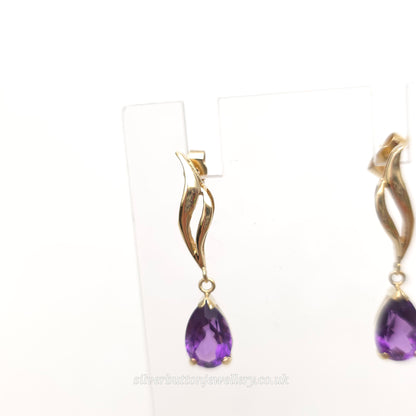 9ct Yellow Gold Vintage Pear Cut Amethyst Double Wave Drop Earrings