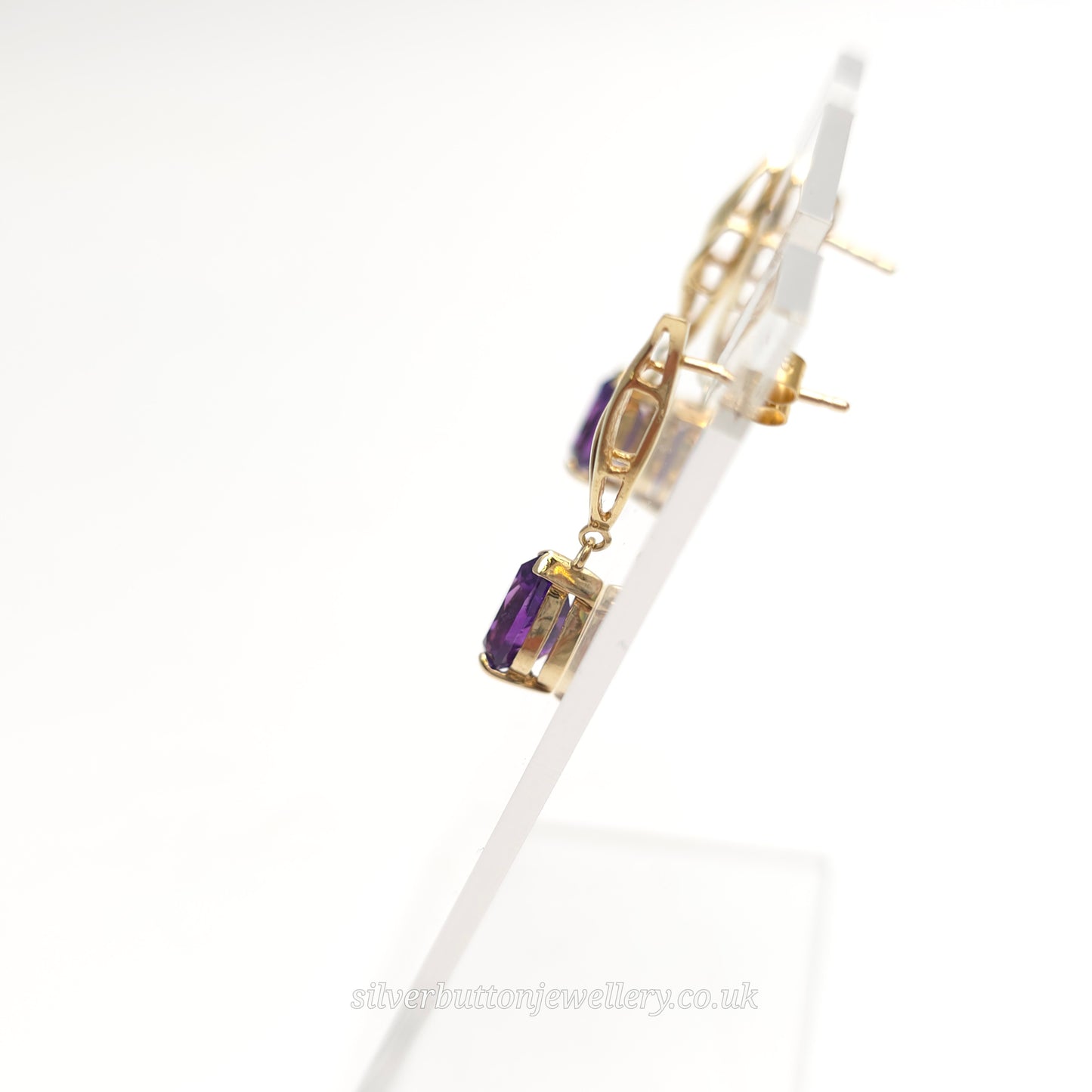 9ct Yellow Gold Vintage Pear Cut Amethyst Double Wave Drop Earrings