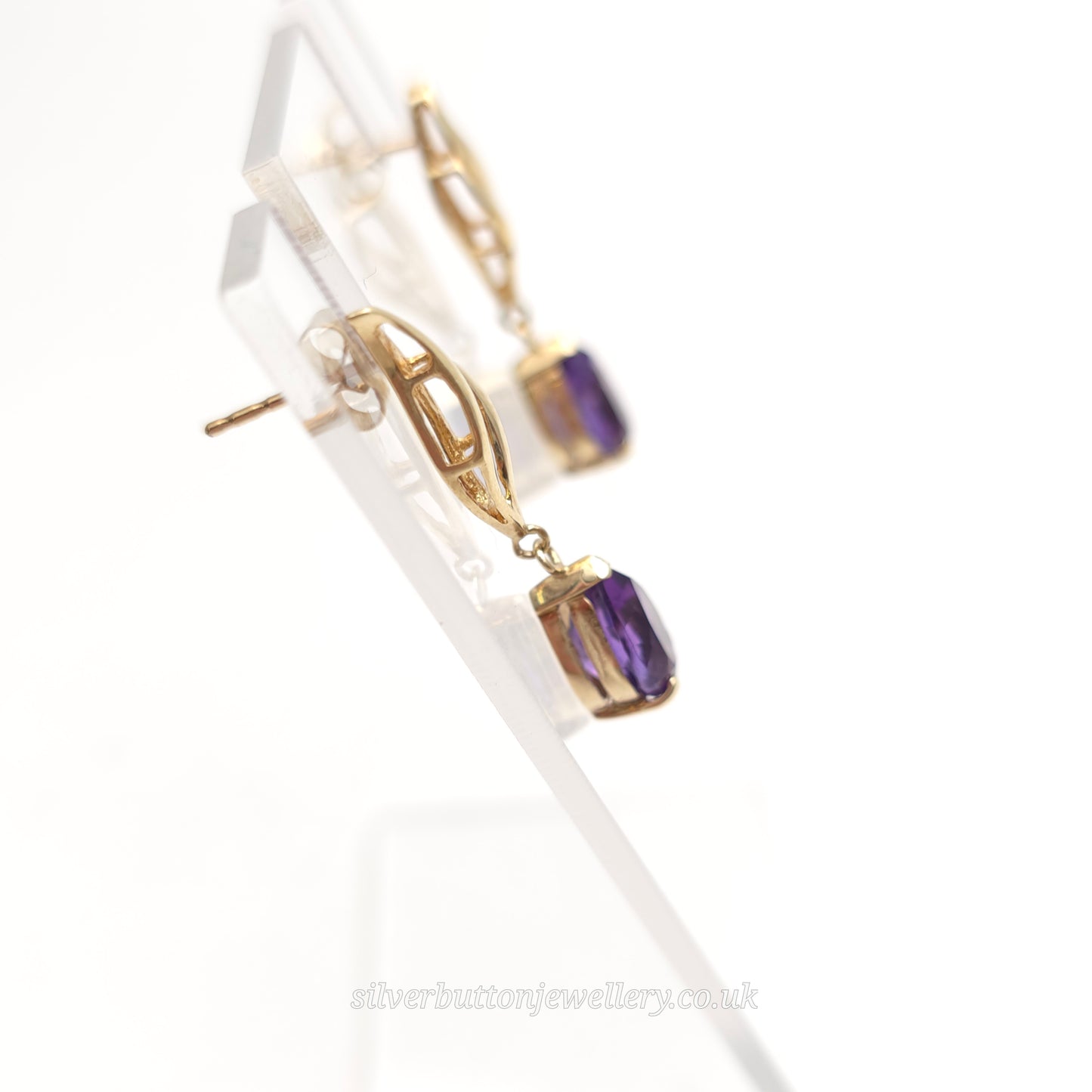9ct Yellow Gold Vintage Pear Cut Amethyst Double Wave Drop Earrings