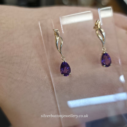 9ct Yellow Gold Vintage Pear Cut Amethyst Double Wave Drop Earrings