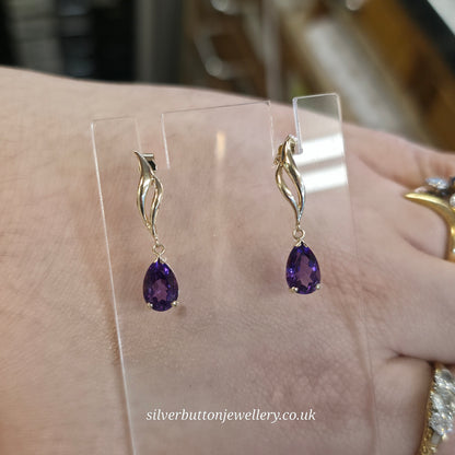 9ct Yellow Gold Vintage Pear Cut Amethyst Double Wave Drop Earrings