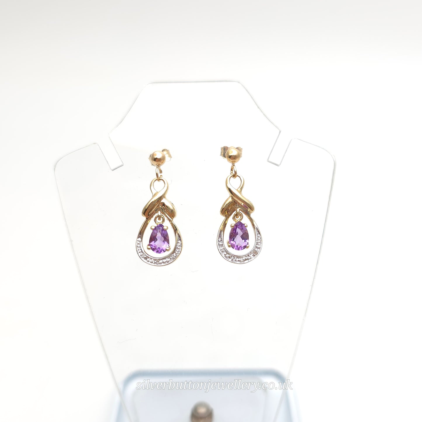 9ct Yellow Gold Vintage Amethyst And Diamond Drop Earrings