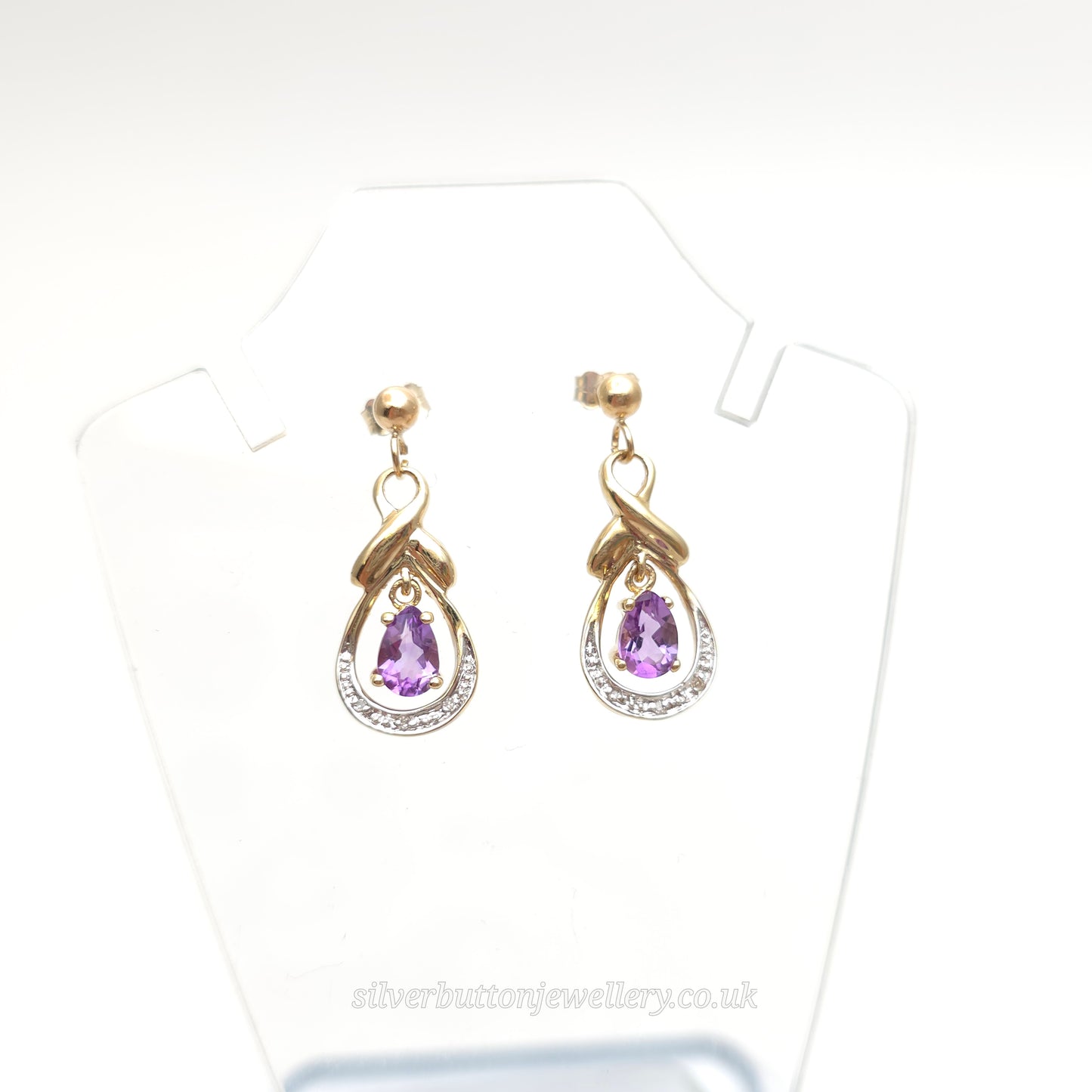 9ct Yellow Gold Vintage Amethyst And Diamond Drop Earrings