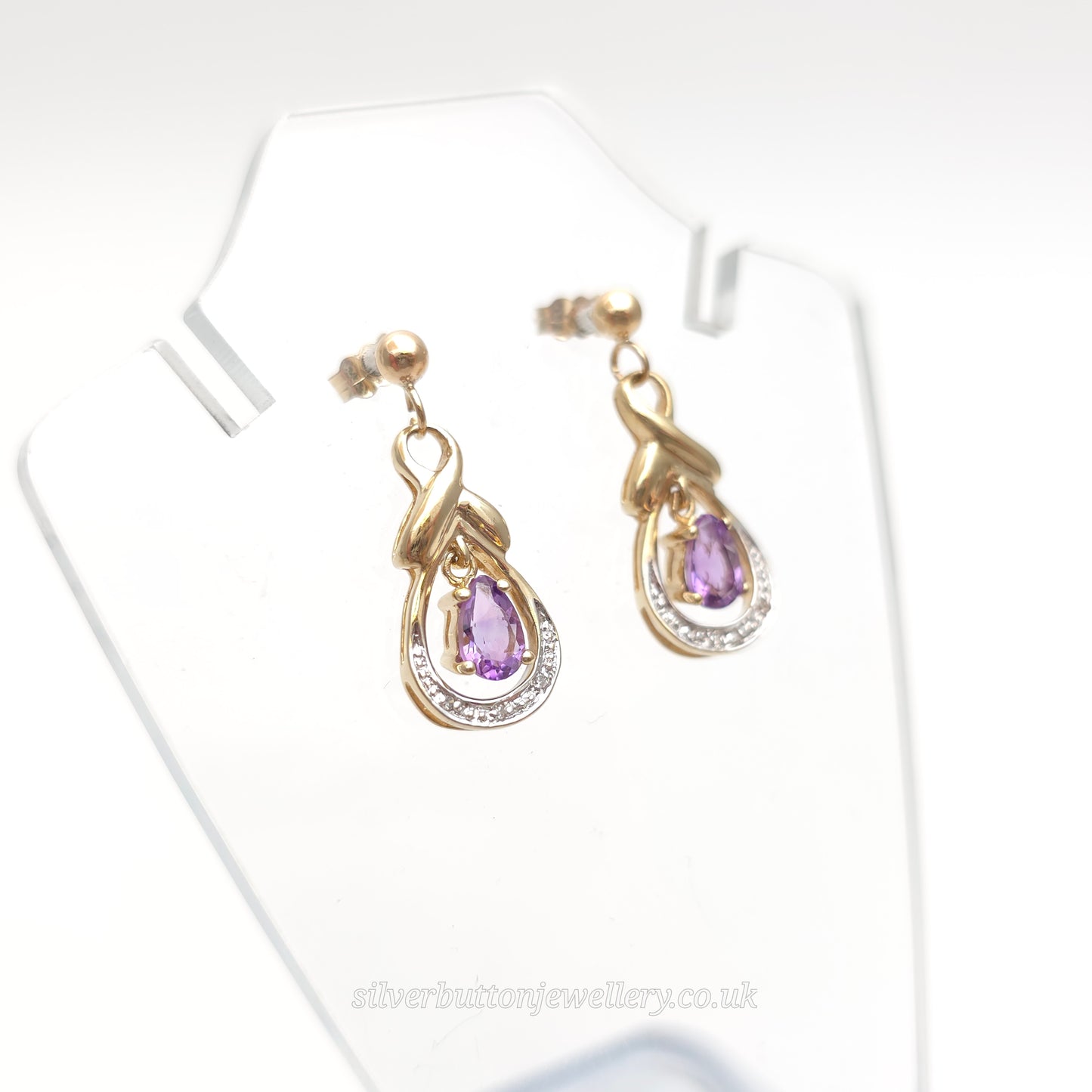 9ct Yellow Gold Vintage Amethyst And Diamond Drop Earrings