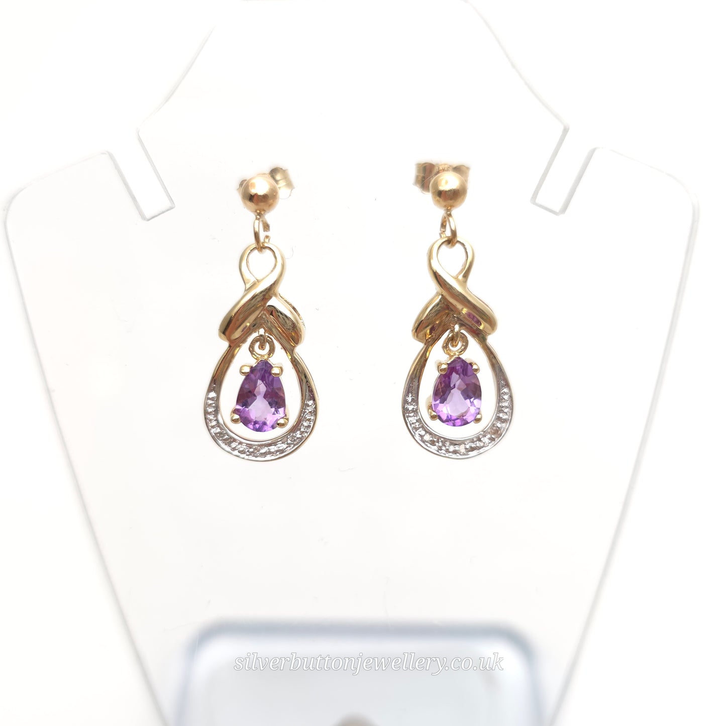 9ct Yellow Gold Vintage Amethyst And Diamond Drop Earrings