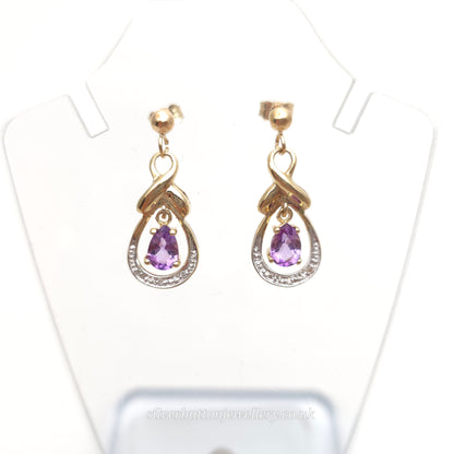 9ct Yellow Gold Vintage Amethyst And Diamond Drop Earrings