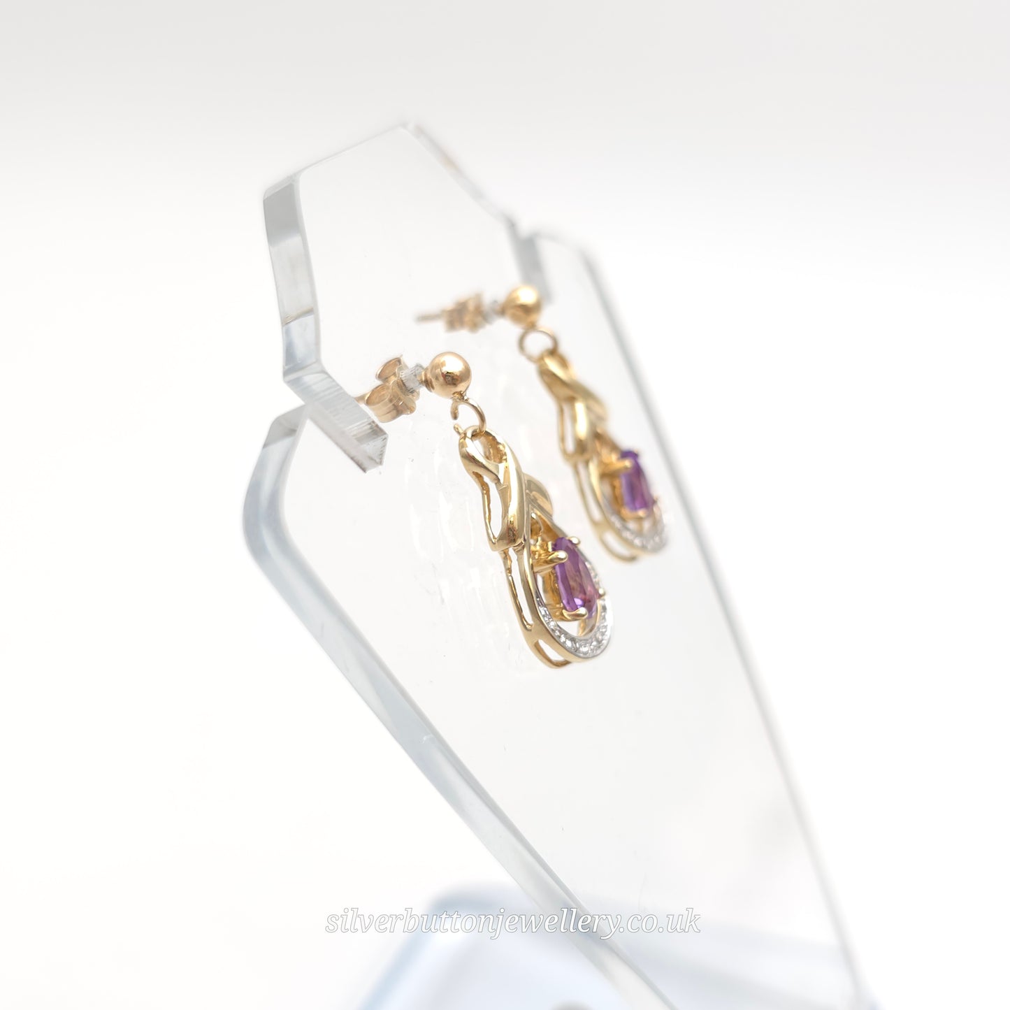 9ct Yellow Gold Vintage Amethyst And Diamond Drop Earrings