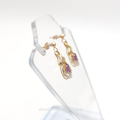 9ct Yellow Gold Vintage Amethyst And Diamond Drop Earrings