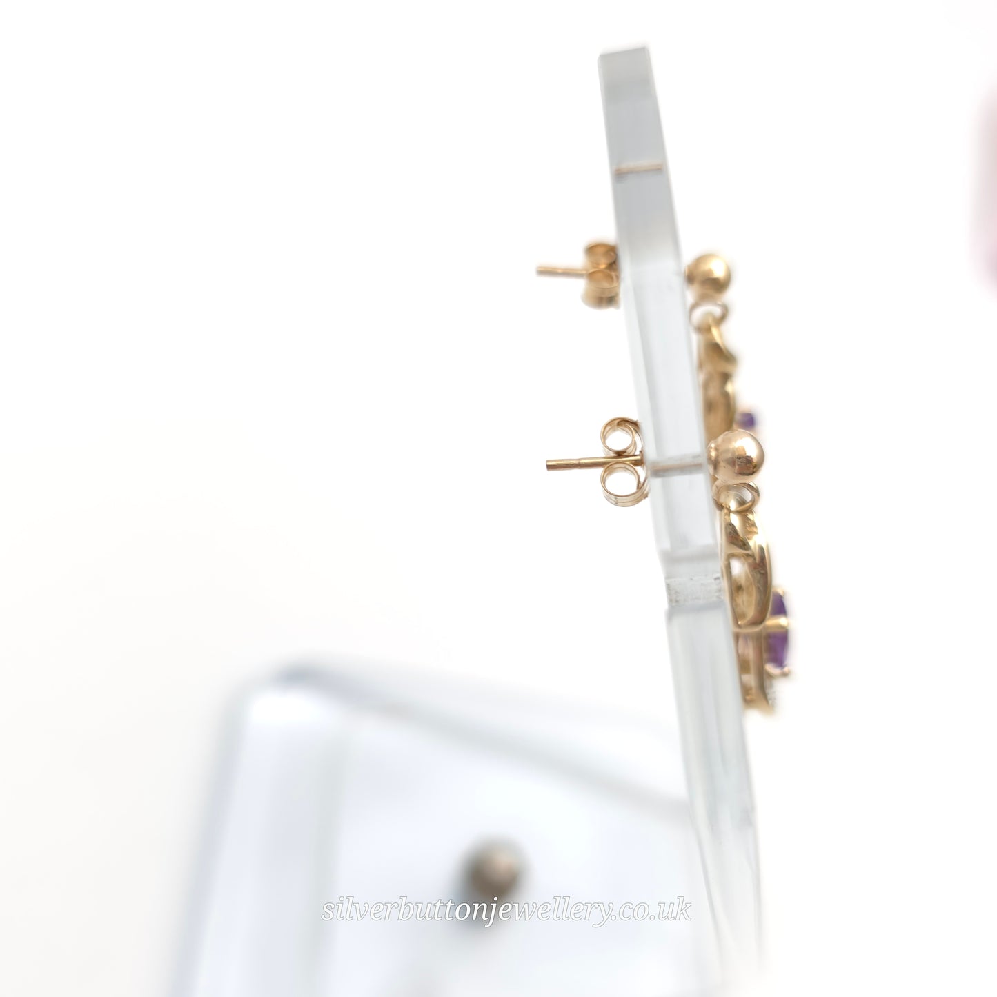 9ct Yellow Gold Vintage Amethyst And Diamond Drop Earrings