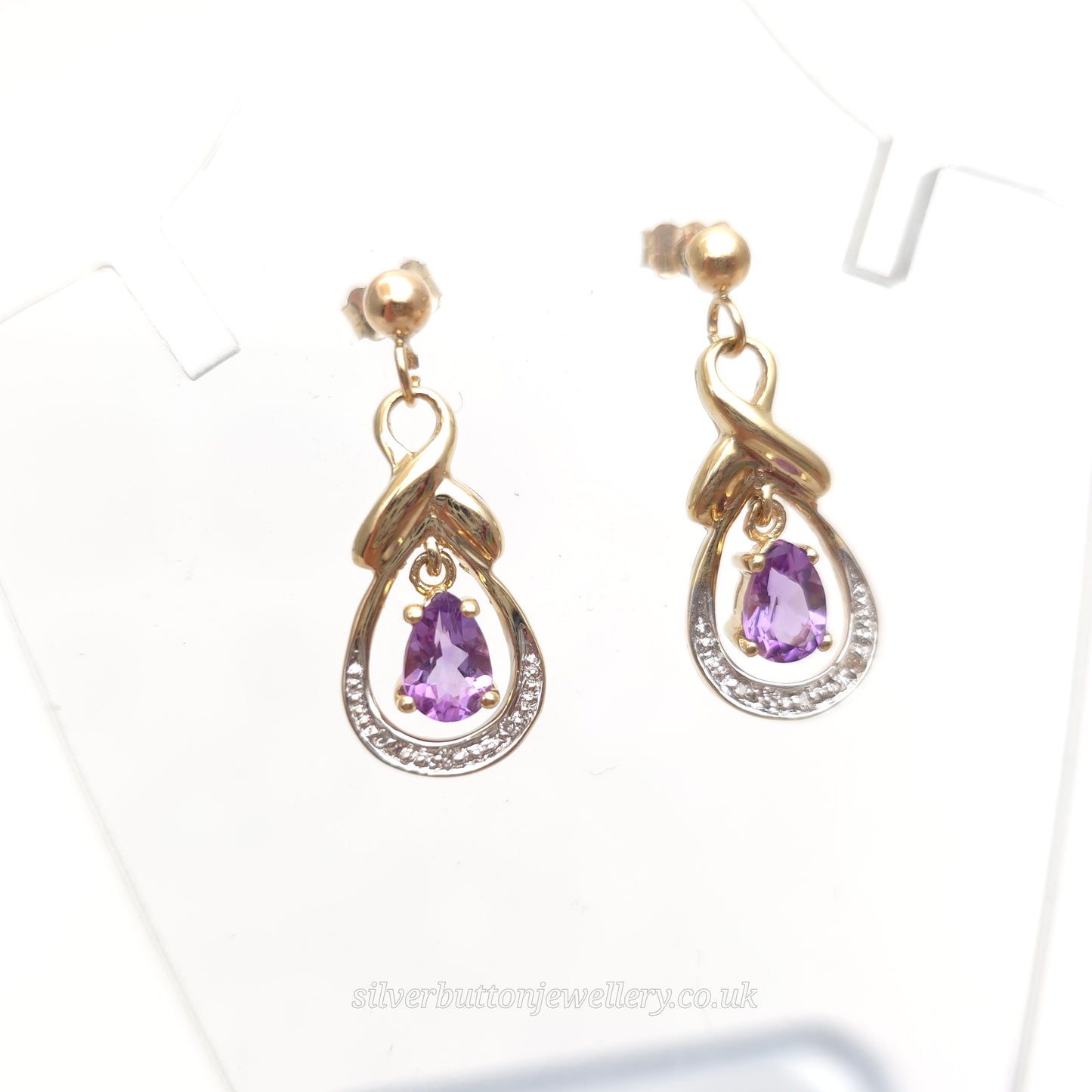 9ct Yellow Gold Vintage Amethyst And Diamond Drop Earrings