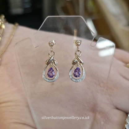 9ct Yellow Gold Vintage Amethyst And Diamond Drop Earrings
