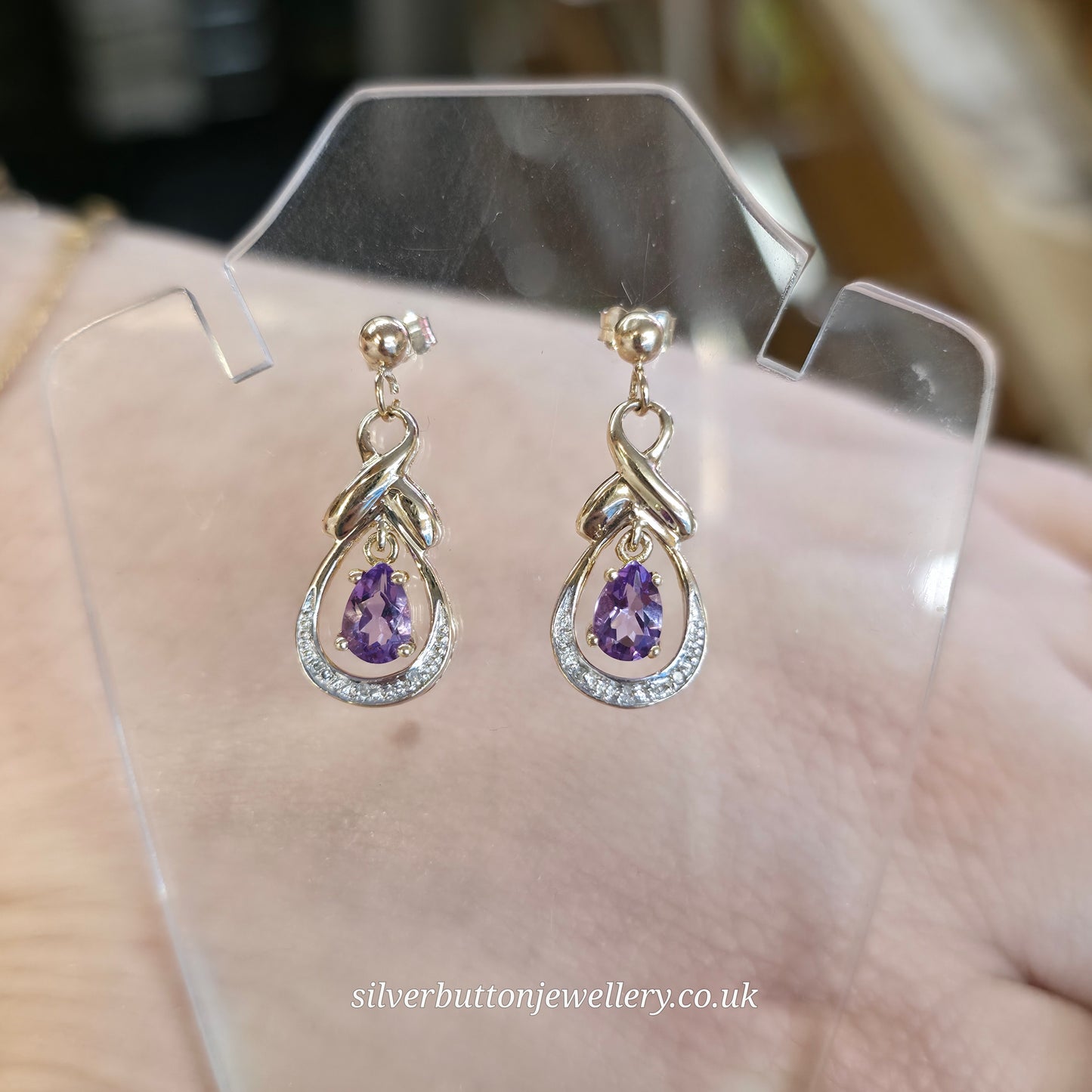 9ct Yellow Gold Vintage Amethyst And Diamond Drop Earrings