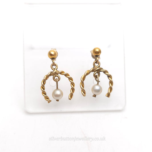 9ct Yellow Gold Vintage Twisted Horseshoe Pearl Drop Earrings