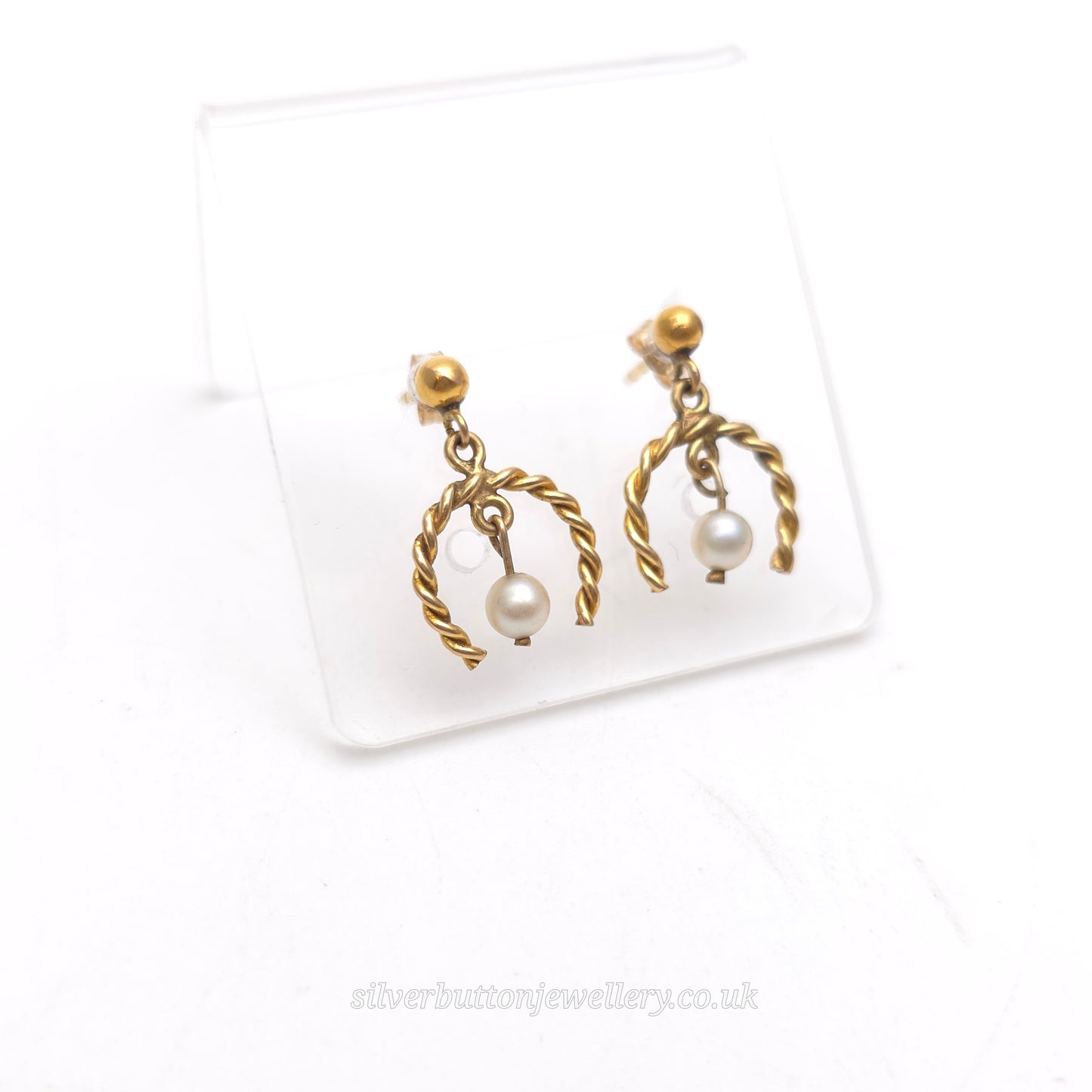 9ct Yellow Gold Vintage Twisted Horseshoe Pearl Drop Earrings