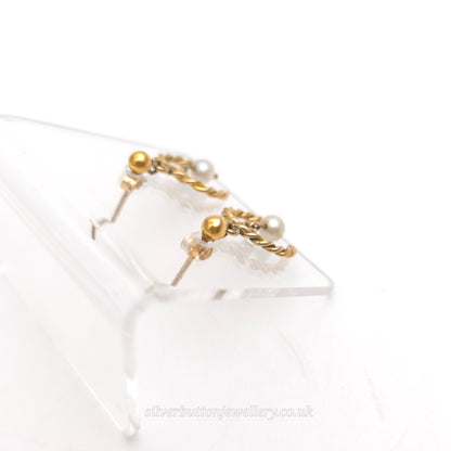 9ct Yellow Gold Vintage Twisted Horseshoe Pearl Drop Earrings