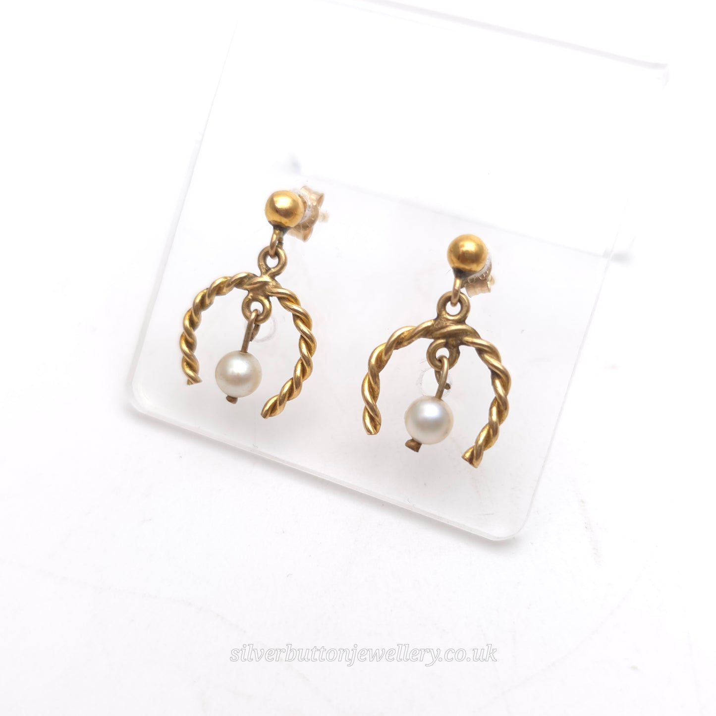 9ct Yellow Gold Vintage Twisted Horseshoe Pearl Drop Earrings