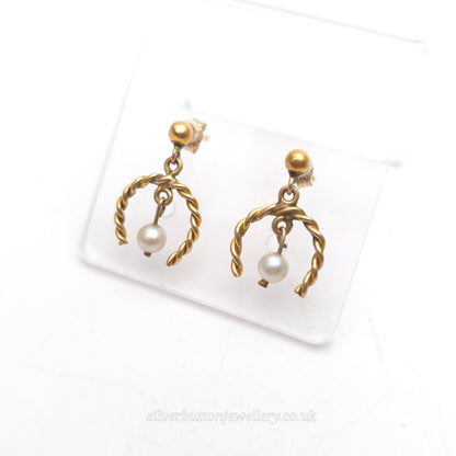 9ct Yellow Gold Vintage Twisted Horseshoe Pearl Drop Earrings