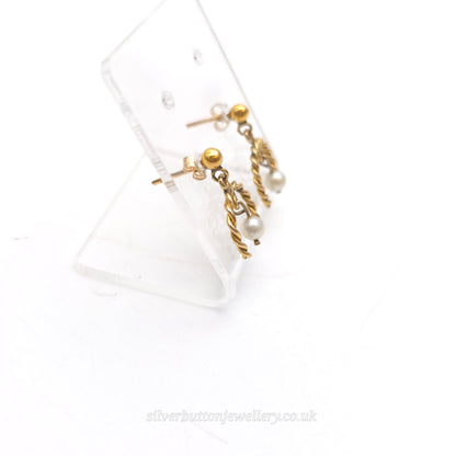 9ct Yellow Gold Vintage Twisted Horseshoe Pearl Drop Earrings