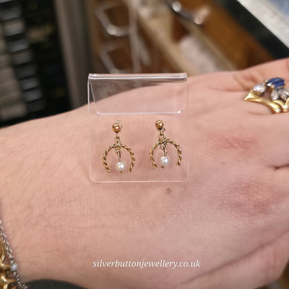 9ct Yellow Gold Vintage Twisted Horseshoe Pearl Drop Earrings