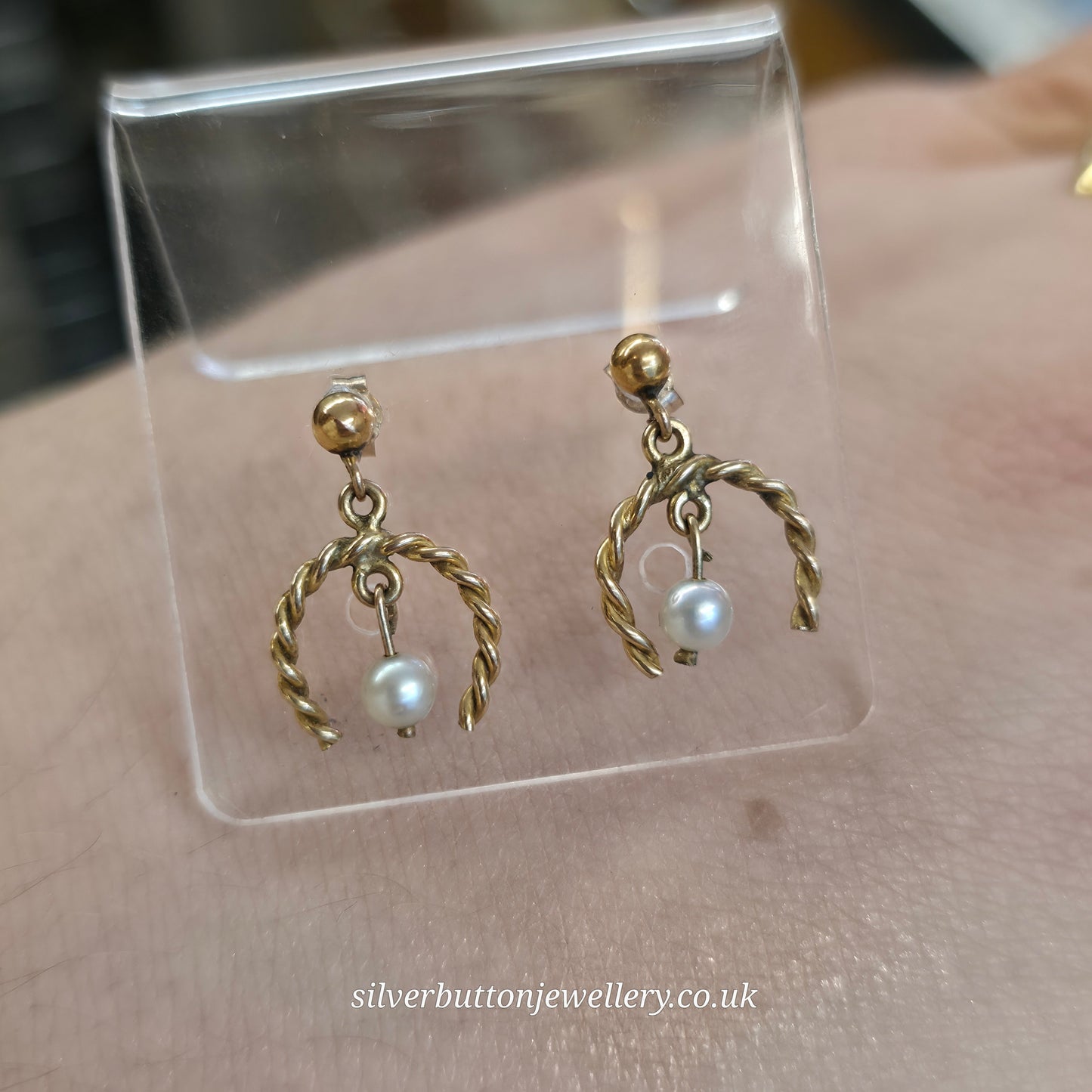 9ct Yellow Gold Vintage Twisted Horseshoe Pearl Drop Earrings