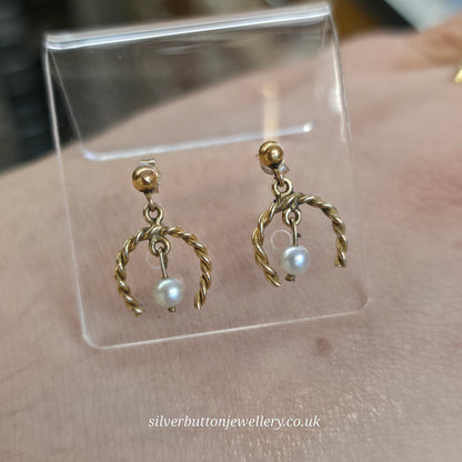 9ct Yellow Gold Vintage Twisted Horseshoe Pearl Drop Earrings