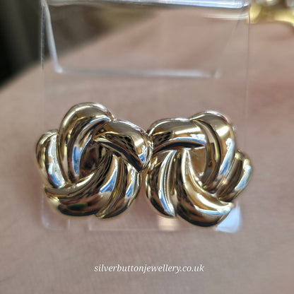 9ct Yellow Gold Vintage XL Swirly Knot Hollow Stud Earrings