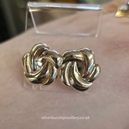 9ct Yellow Gold Vintage XL Swirly Knot Hollow Stud Earrings