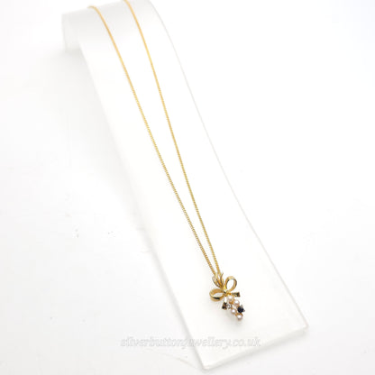 9ct Yellow Gold Vintage Pearl, Sapphire And Diamond Bow Pendant Necklace