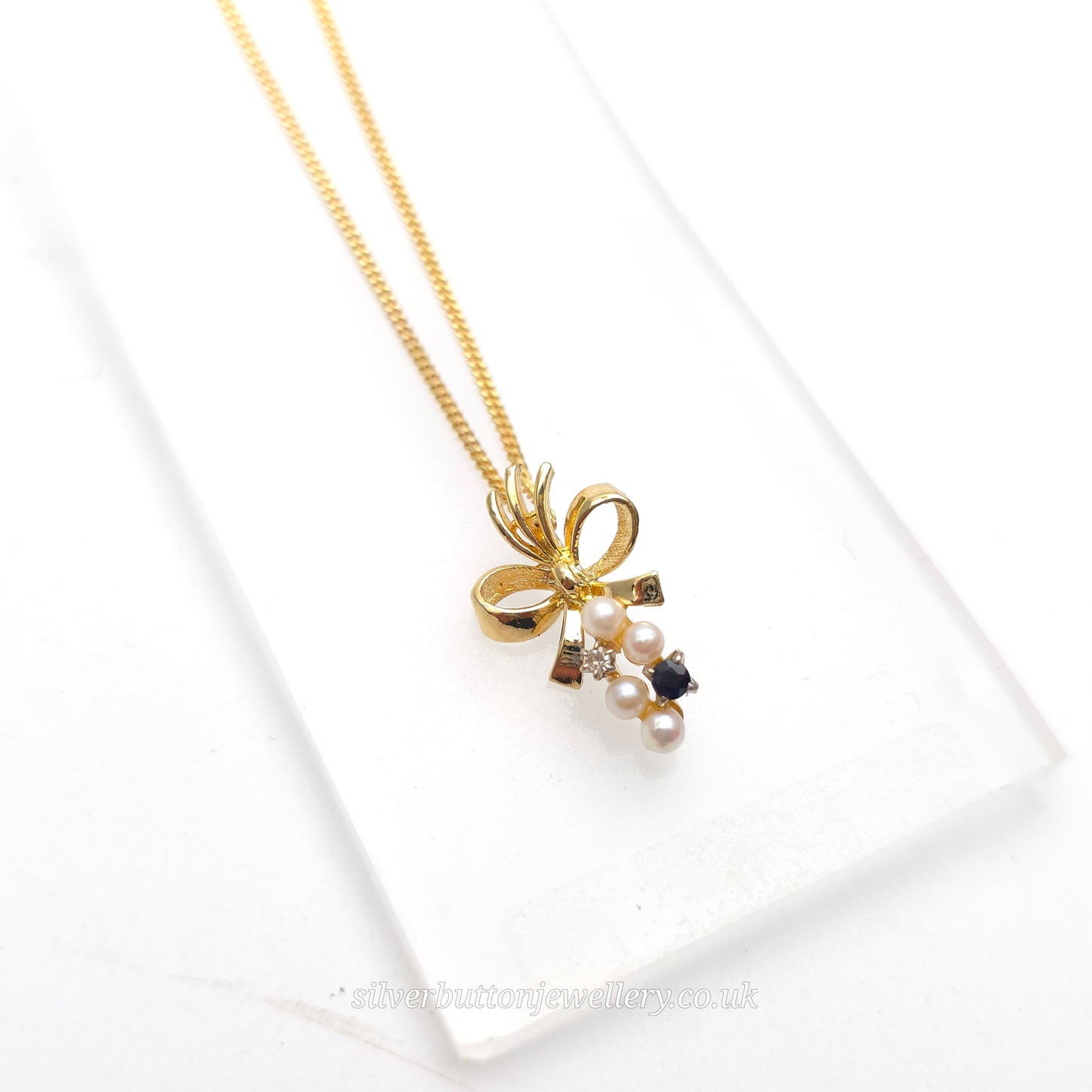 9ct Yellow Gold Vintage Pearl, Sapphire And Diamond Bow Pendant Necklace