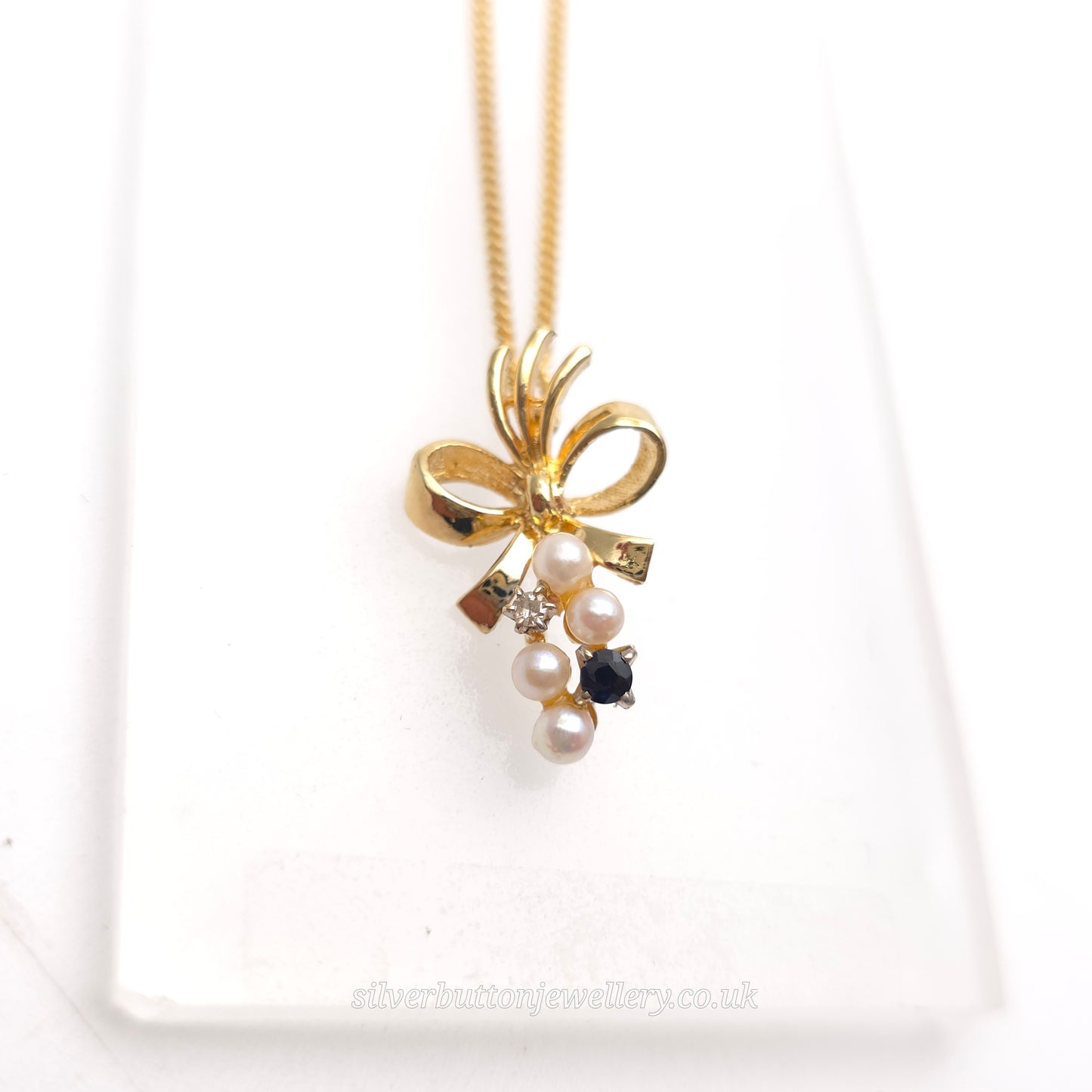 9ct Yellow Gold Vintage Pearl, Sapphire And Diamond Bow Pendant Necklace