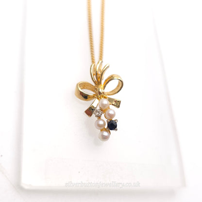 9ct Yellow Gold Vintage Pearl, Sapphire And Diamond Bow Pendant Necklace