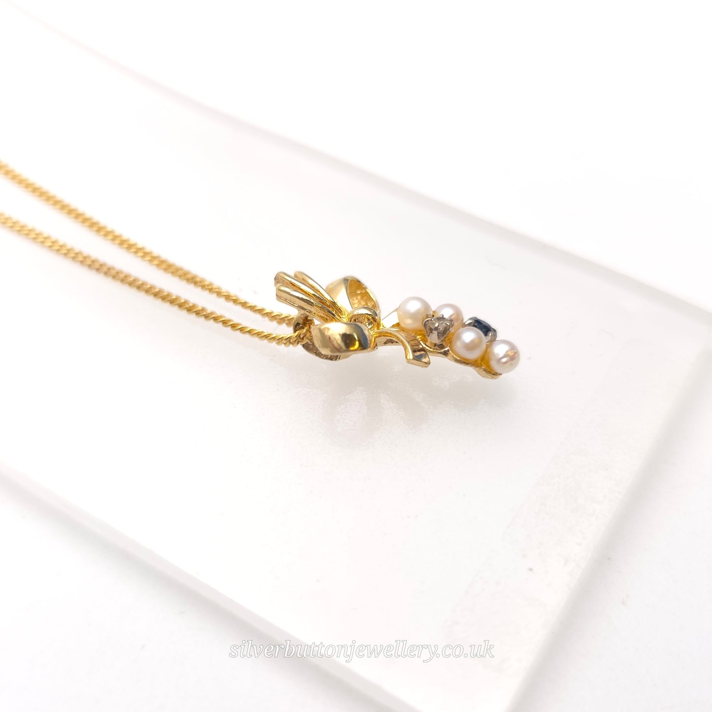 9ct Yellow Gold Vintage Pearl, Sapphire And Diamond Bow Pendant Necklace