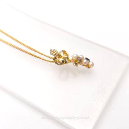 9ct Yellow Gold Vintage Pearl, Sapphire And Diamond Bow Pendant Necklace