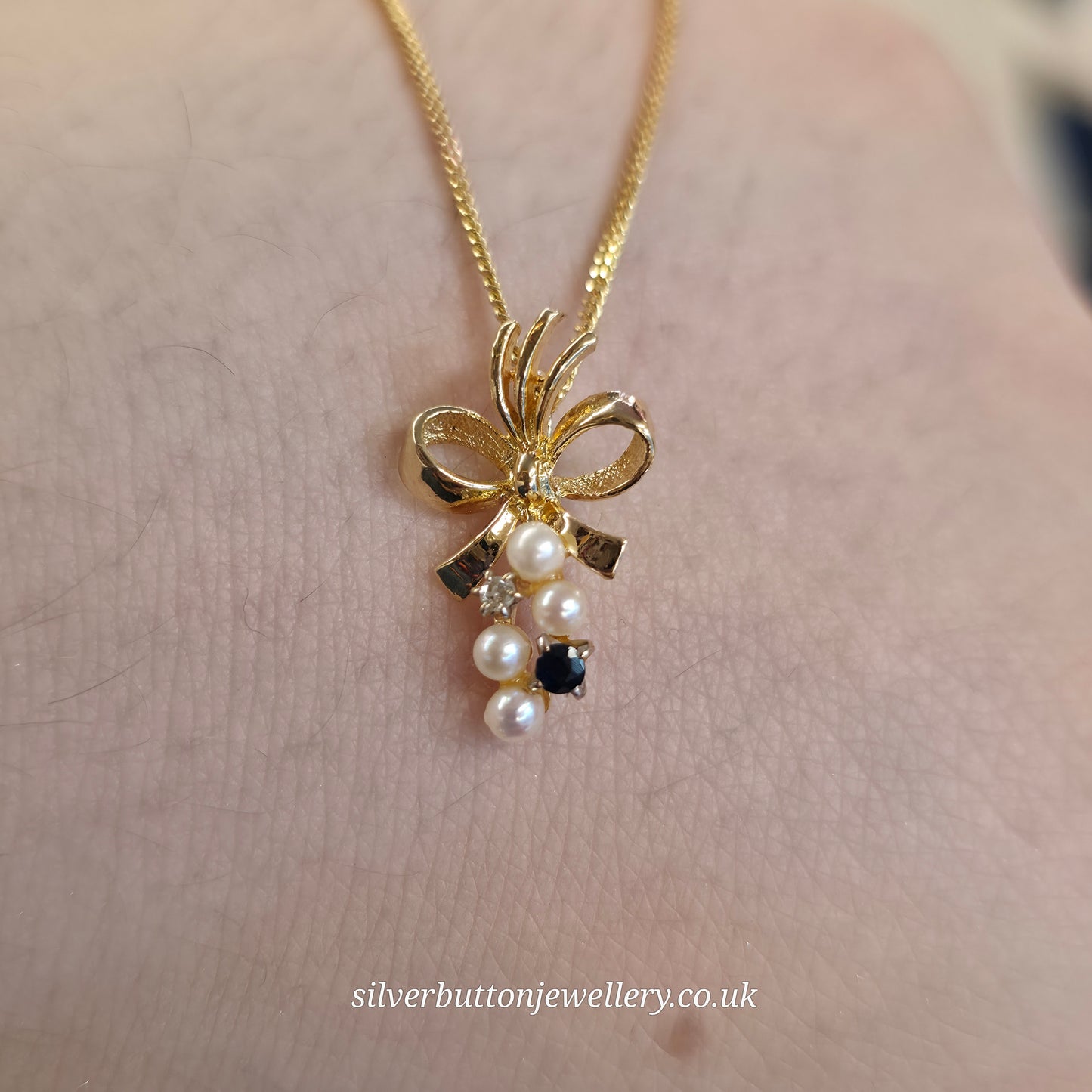 9ct Yellow Gold Vintage Pearl, Sapphire And Diamond Bow Pendant Necklace
