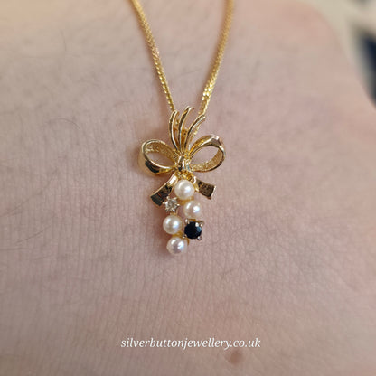 9ct Yellow Gold Vintage Pearl, Sapphire And Diamond Bow Pendant Necklace