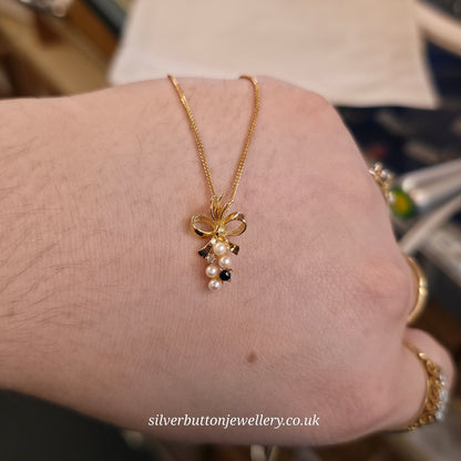9ct Yellow Gold Vintage Pearl, Sapphire And Diamond Bow Pendant Necklace