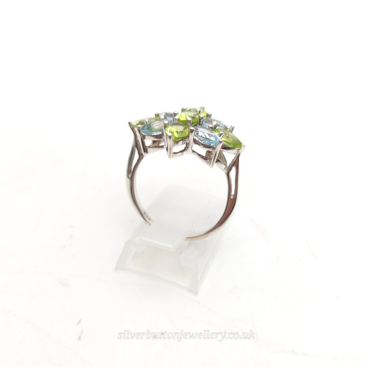 Sterling Silver Large Blue Topaz And Peridot Floral Type Cluster Ring